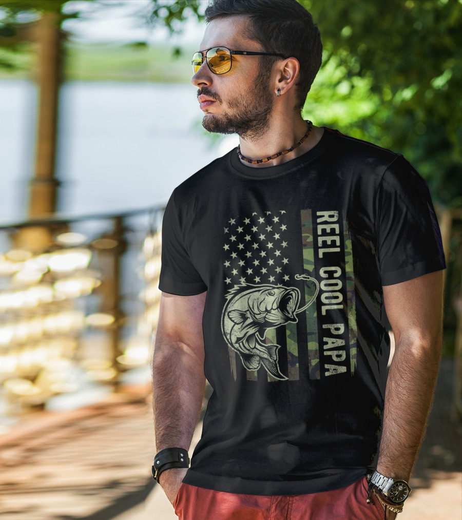 Reel Cool Papa Camouflage American Flag Fathers Fishing T-Shirt