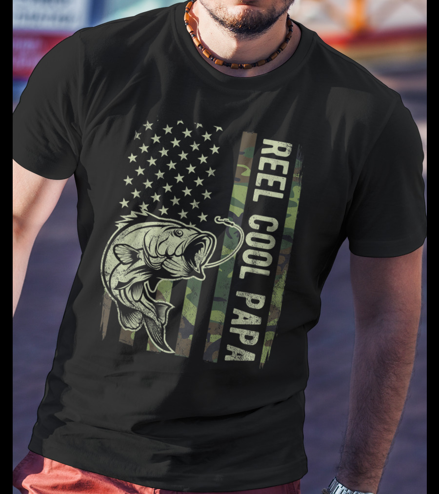 Reel Cool Papa Camouflage American Flag Fathers Fishing T-Shirt