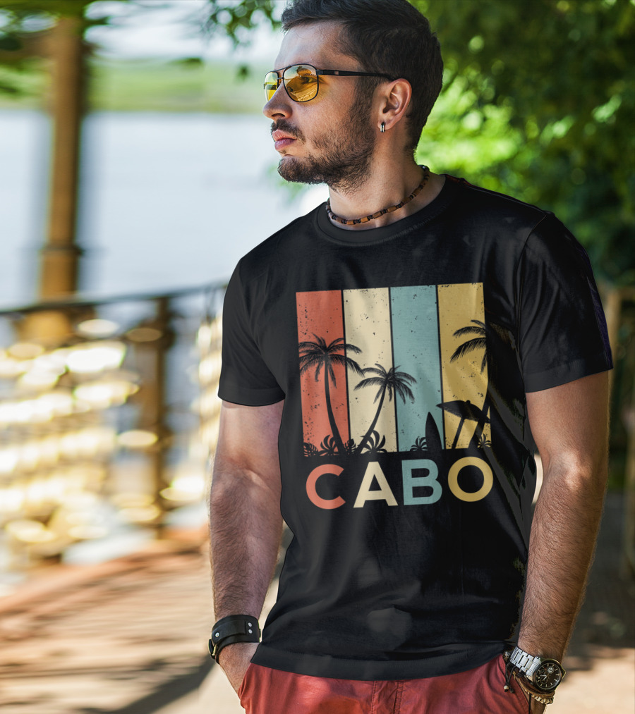 Retro Cabo San Lucas Mexico Tropical Palm Sunset Surfboard T-Shirt