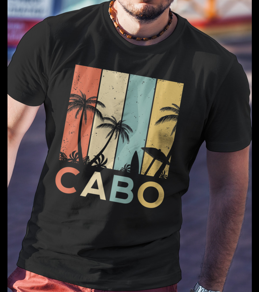 Retro Cabo San Lucas Mexico Tropical Palm Sunset Surfboard T-Shirt