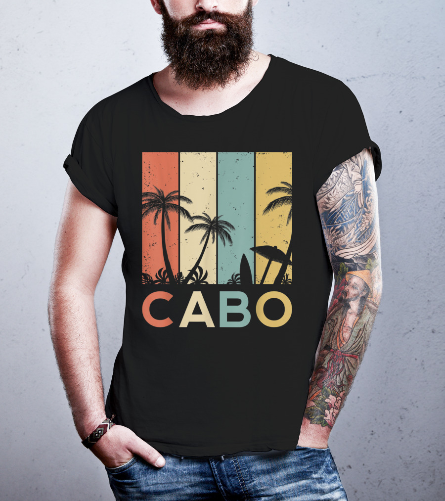 Retro Cabo San Lucas Mexico Tropical Palm Sunset Surfboard T-Shirt