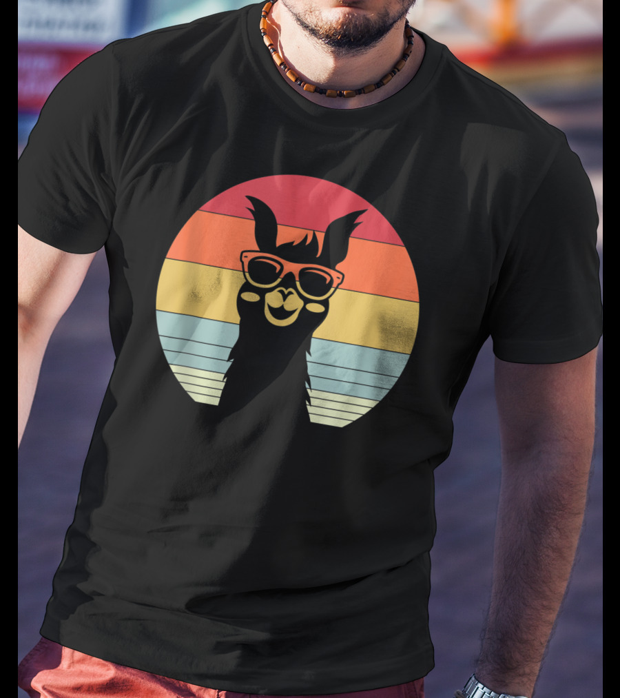 Retro Vintage Best Llama Dad Ever Father's Day Sunset Stripes T-Shirt