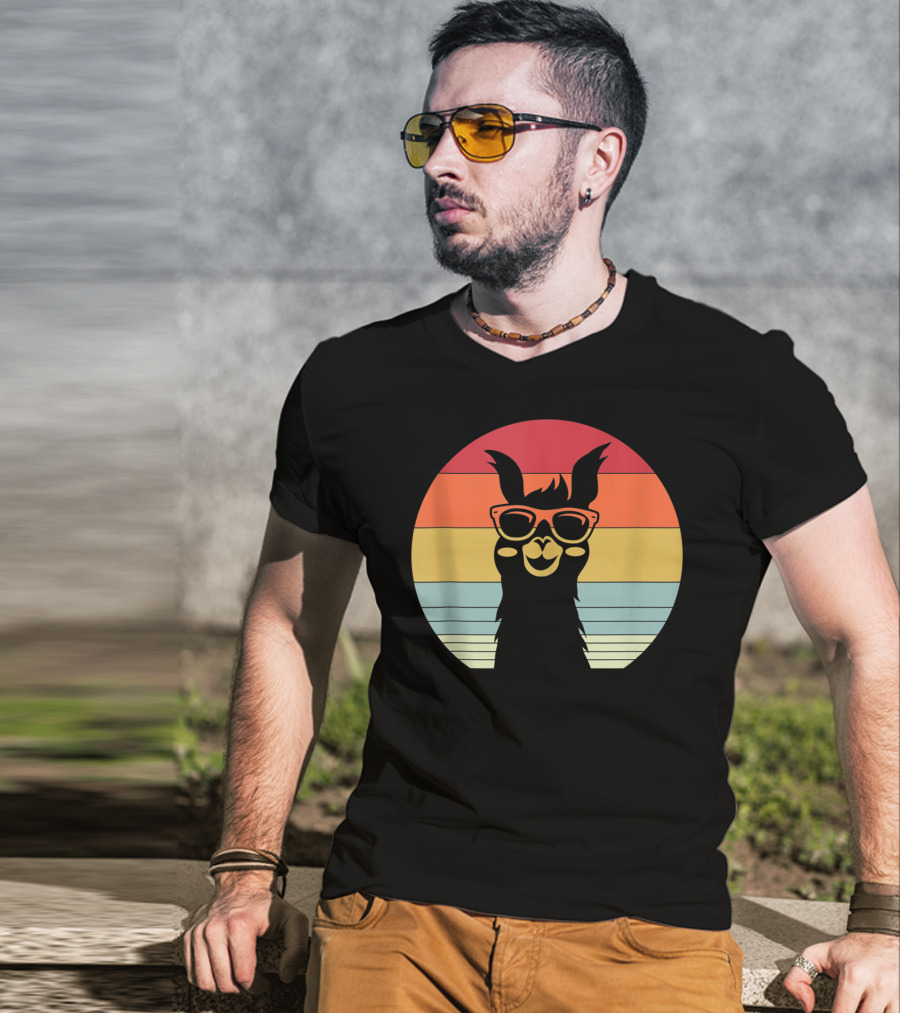 Retro Vintage Best Llama Dad Ever Father's Day Sunset Stripes T-Shirt