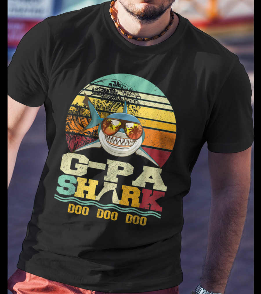 G Pa Shark Doo Doo Doo Retro Vintage Beach Sunset Wave Sunglasses Palm Trees T-Shirt