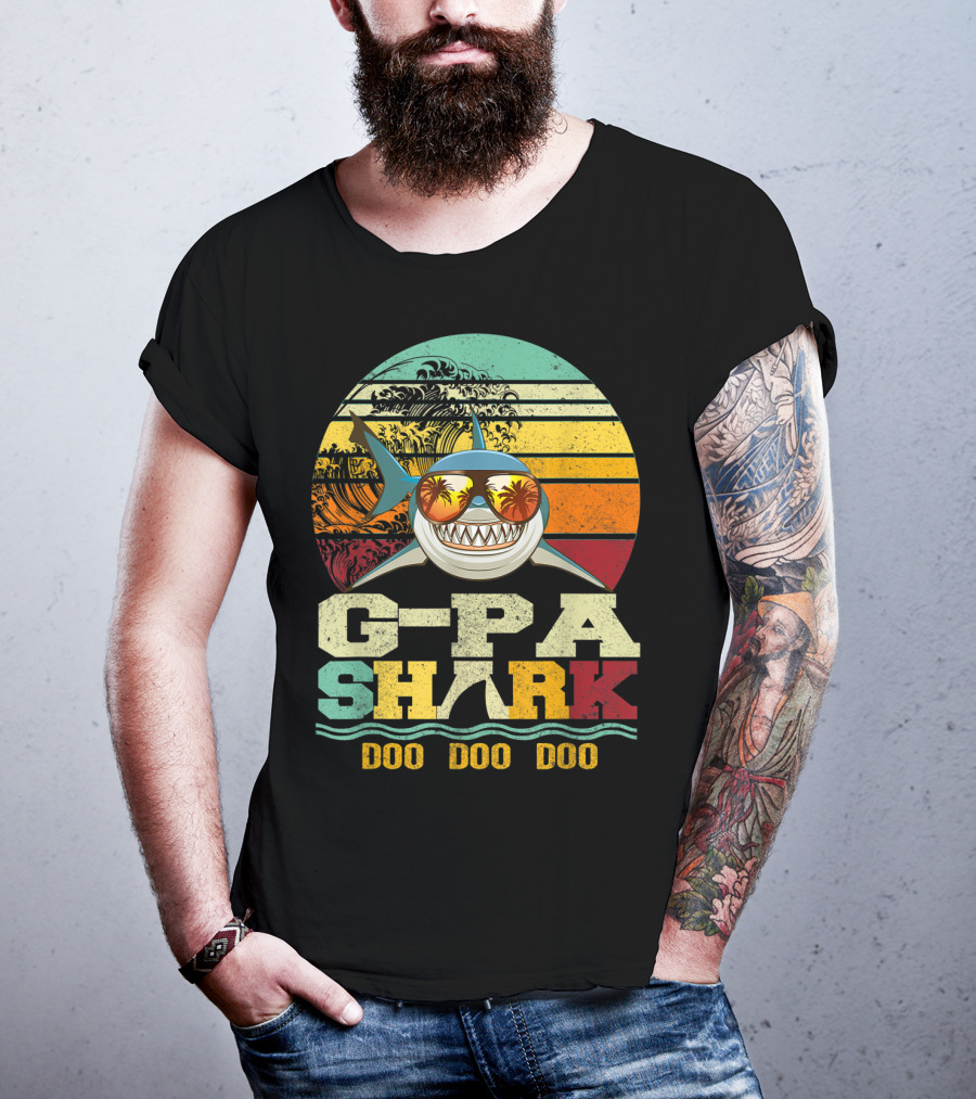 G Pa Shark Doo Doo Doo Retro Vintage Beach Sunset Wave Sunglasses Palm Trees T-Shirt