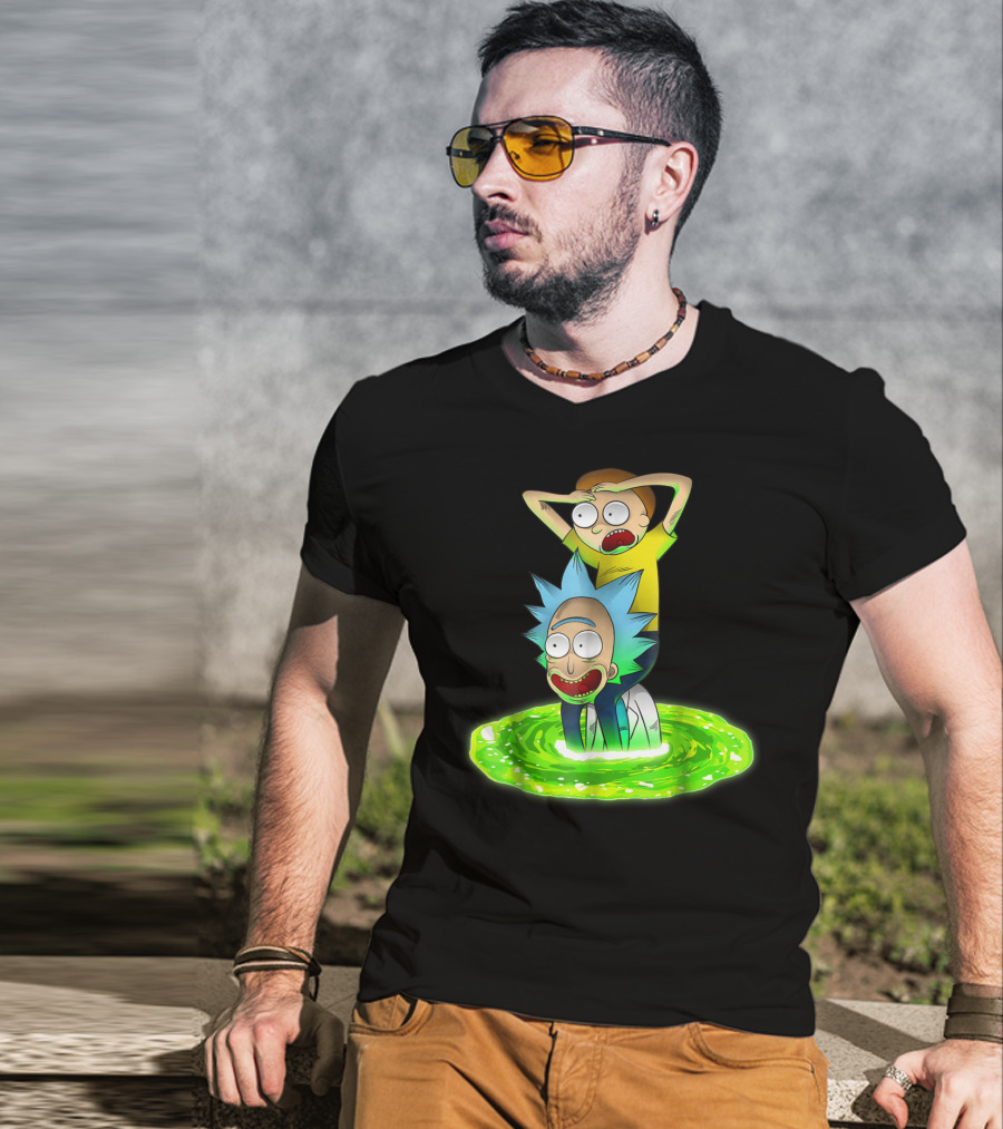 Rick And Morty Emerging From Green Portal Adventure T-Shirt