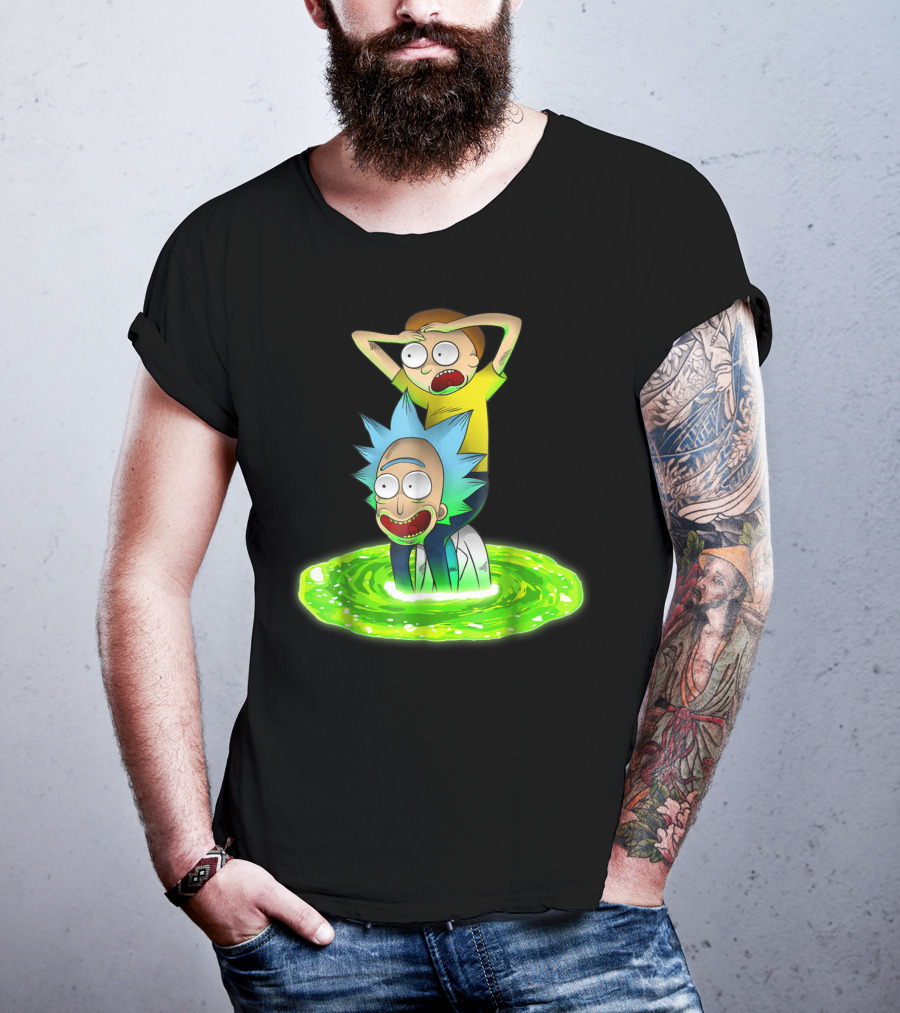 Rick And Morty Emerging From Green Portal Adventure T-Shirt