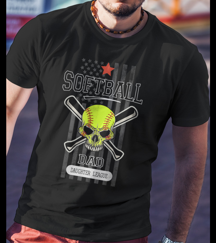 SOFTBALL DAD DAUGHTER LEAGUE Skull Crossed Bats Star Flag T-Shirt