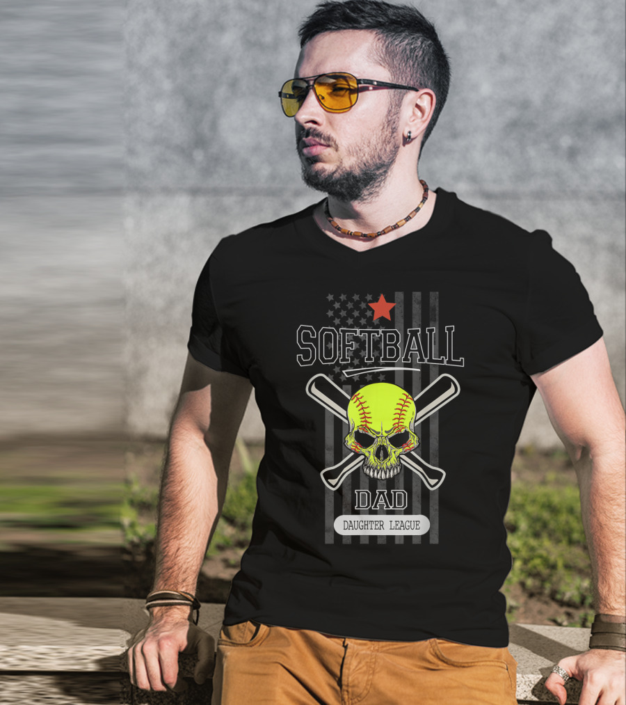 SOFTBALL DAD DAUGHTER LEAGUE Skull Crossed Bats Star Flag T-Shirt