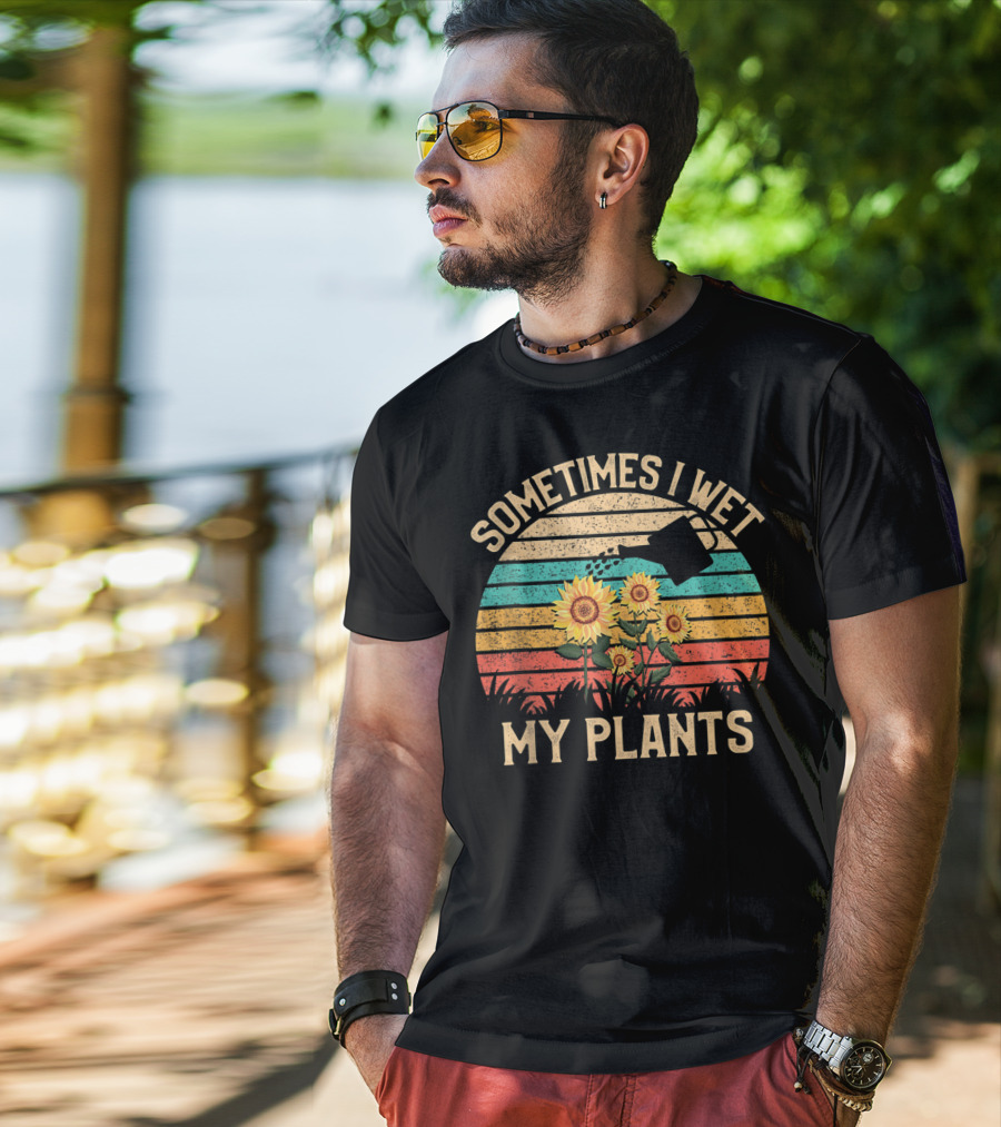 Sometimes I Wet My Plants Vintage Sunflower Watering Can Retro Stripes T-Shirt