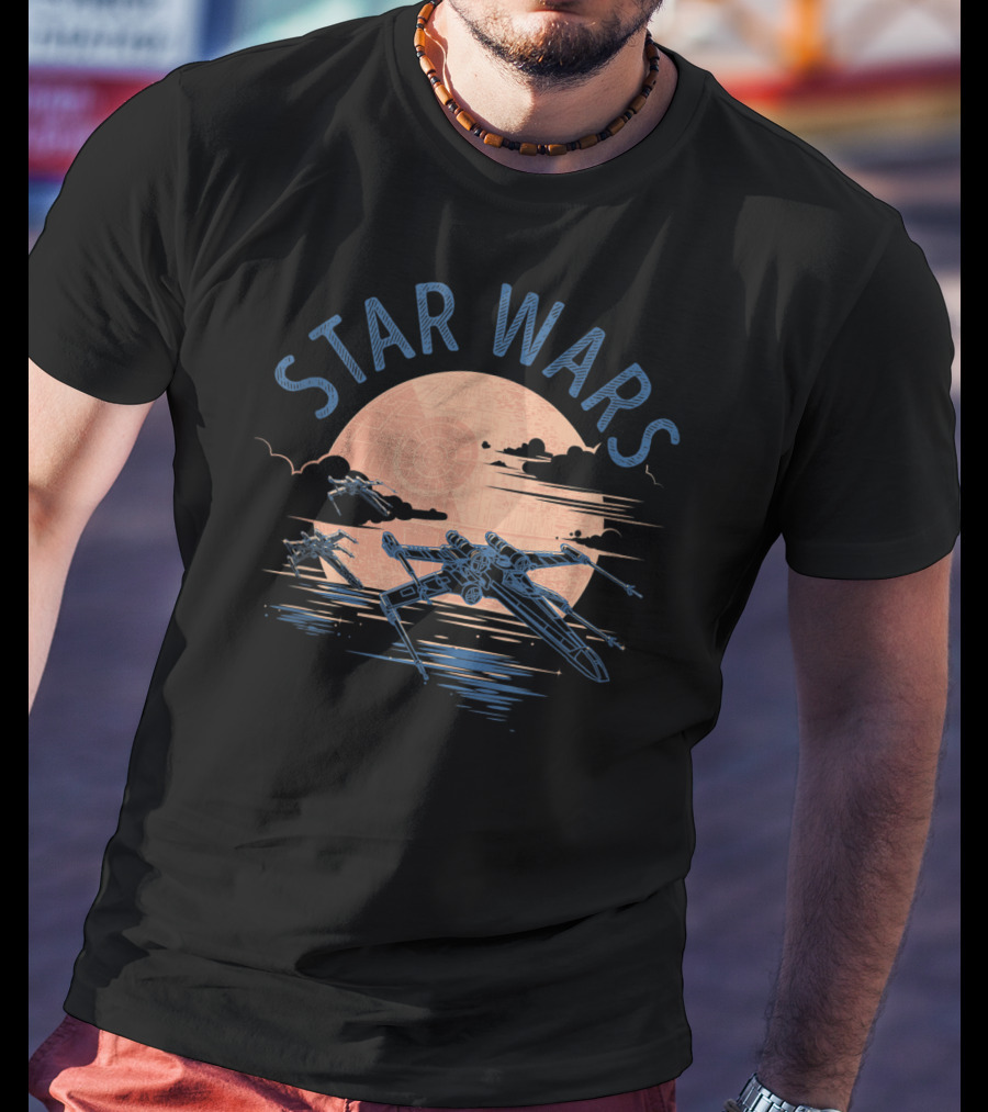 Star Wars X Wing Fighters Flying At Sunset With Death Star In Background T-Shirt