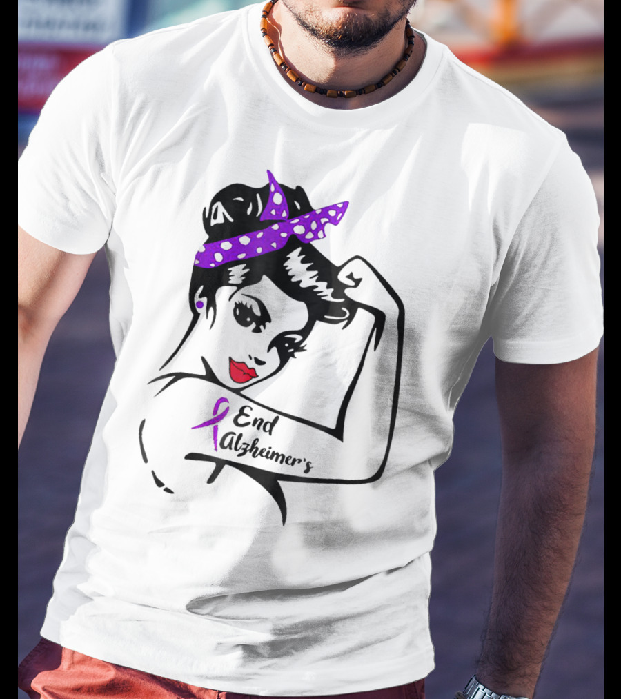 Strong Woman End Alzheimer's Awareness Purple Ribbon Rosie The Riveter T-Shirt