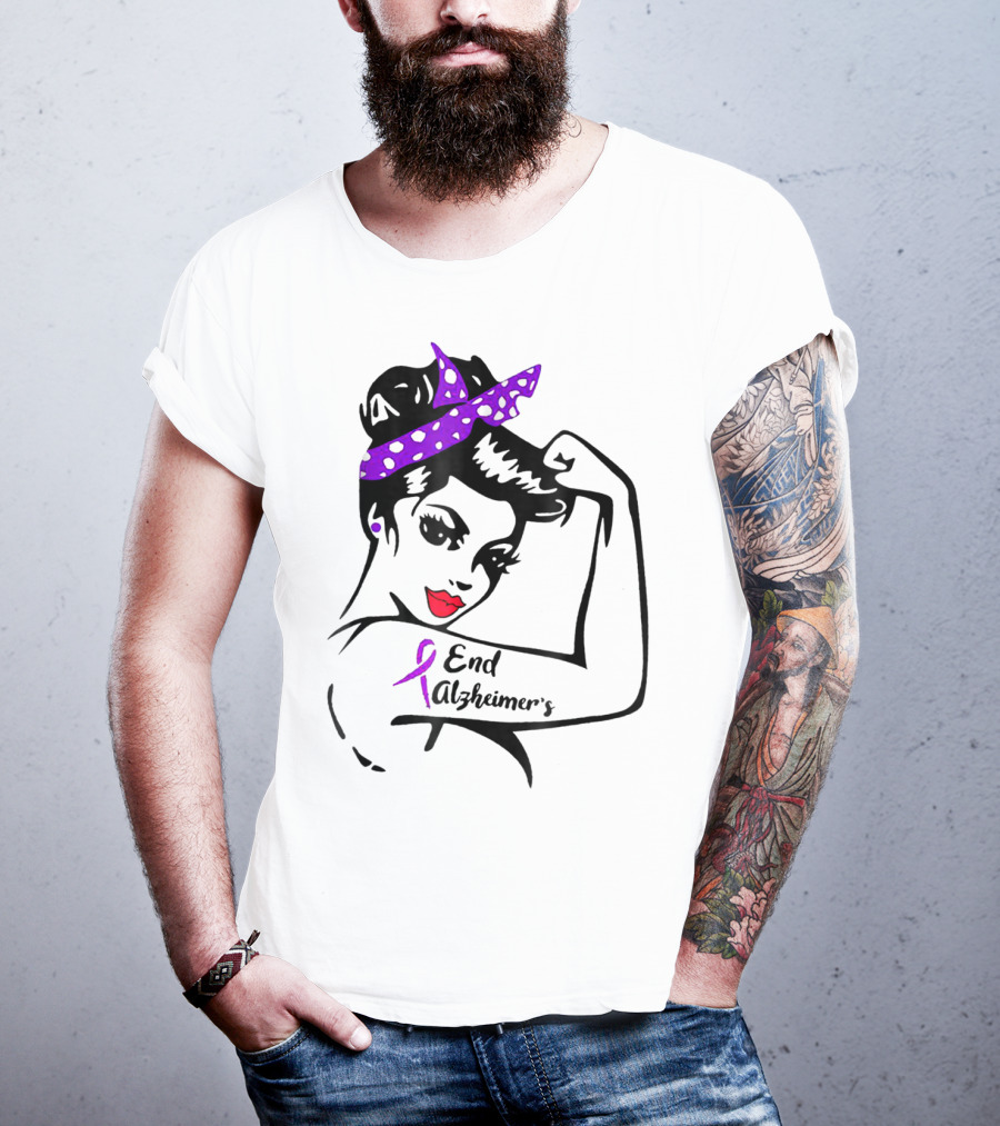 Strong Woman End Alzheimer's Awareness Purple Ribbon Rosie The Riveter T-Shirt