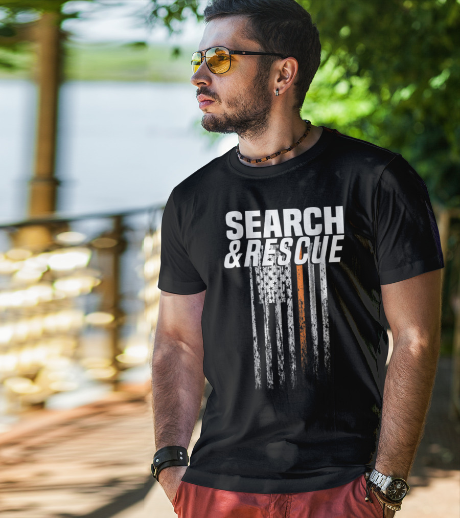 Search And Rescue Thin Orange Line American Flag T-Shirt