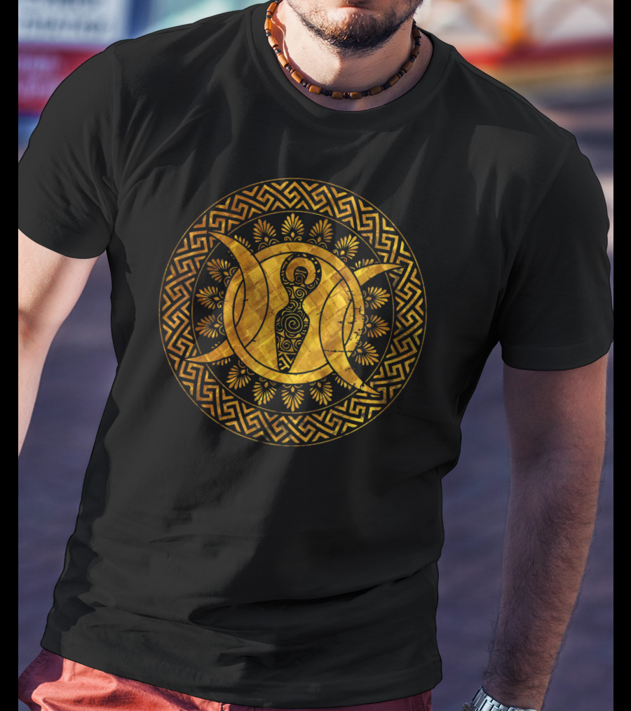 Triple Moon Wiccan Pagan Spiral Goddess Geometric Gold T-Shirt