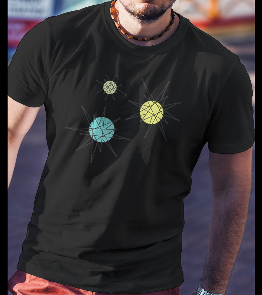 Vintage Franciscan Starburst Atomic Era Raglan Bas Colorful Celestial Orbs T-Shirt