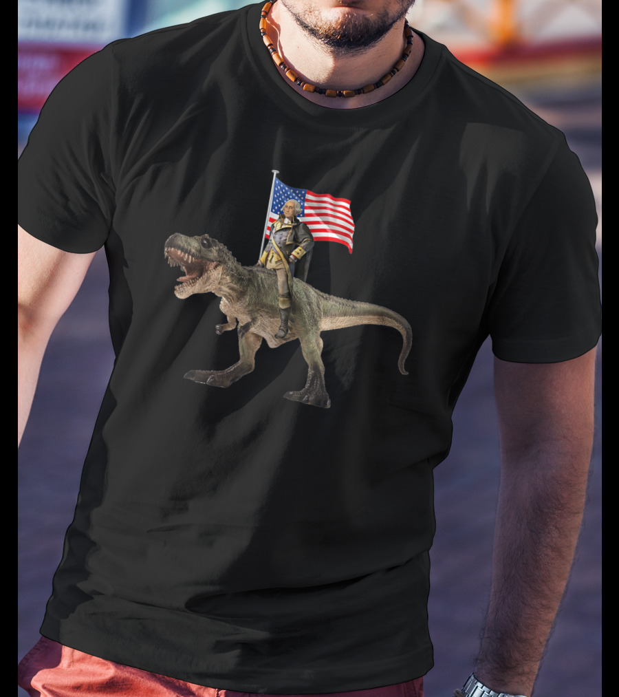 George Washington Riding T-Rex Dinosaur With American Flag T-Shirt