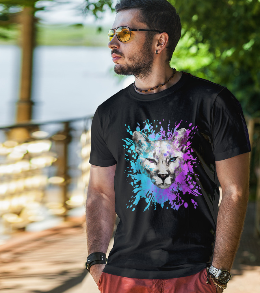 Watercolour Cougar Mountain Lion Artsy Splatter T-Shirt