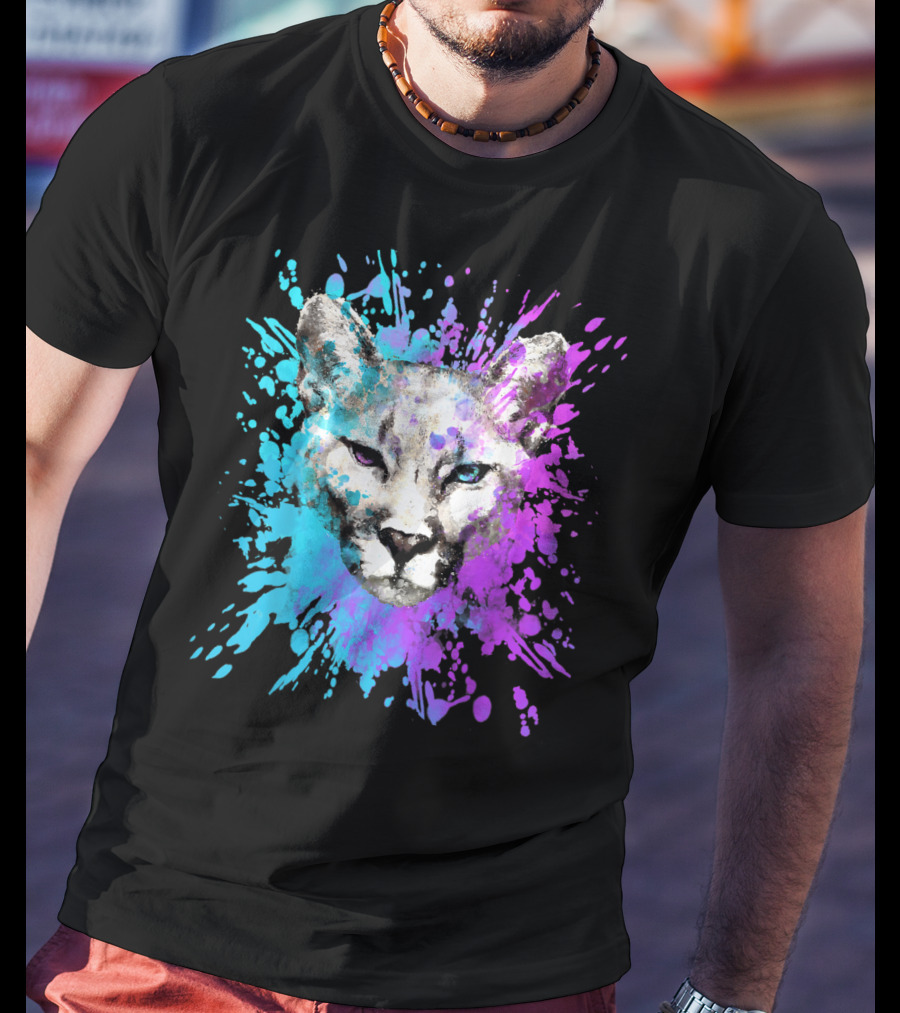 Watercolour Cougar Mountain Lion Artsy Splatter T-Shirt