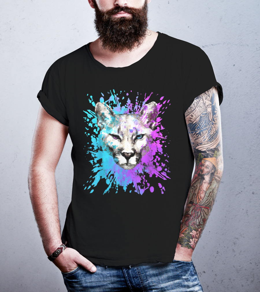 Watercolour Cougar Mountain Lion Artsy Splatter T-Shirt