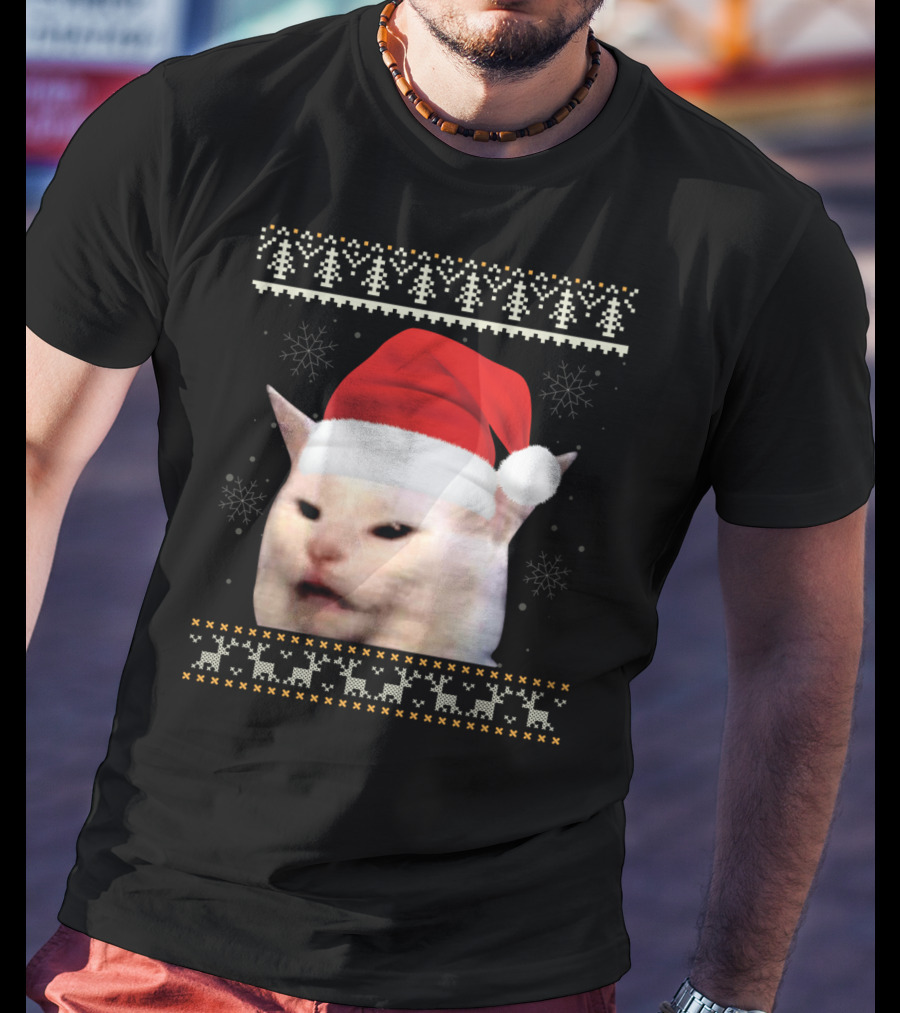 Confused Cat With Red Santa Hat And Christmas T-Shirt
