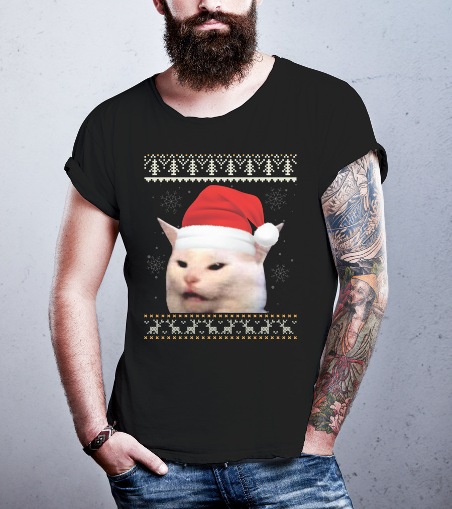 Confused Cat With Red Santa Hat And Christmas T-Shirt