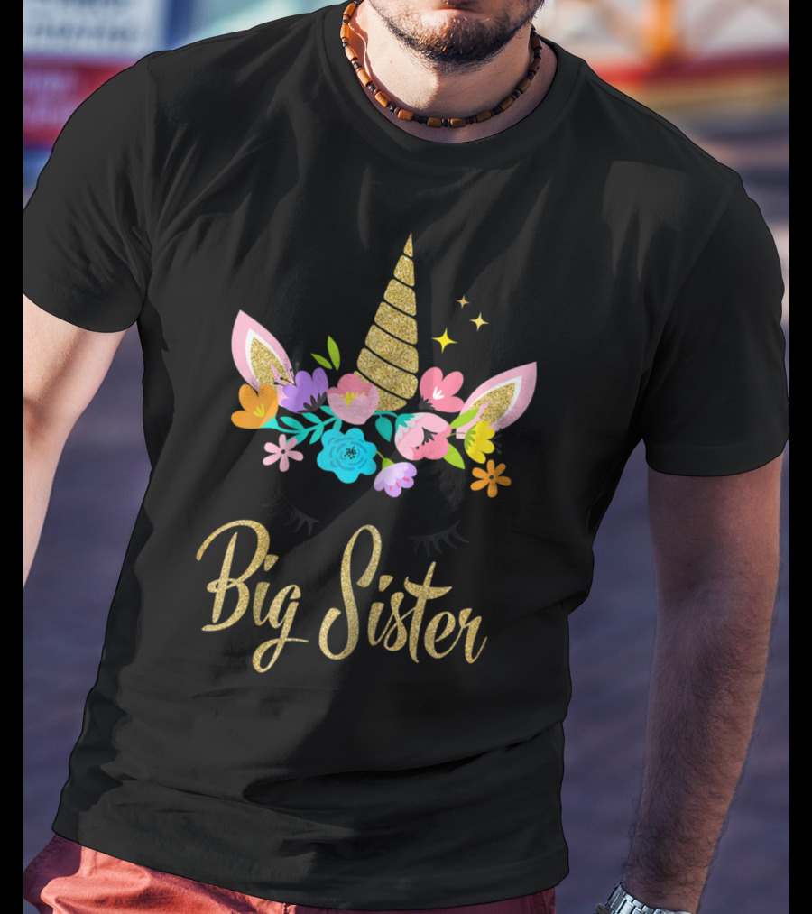 Big Sister Unicorn Floral Horn And Ears T-Shirt