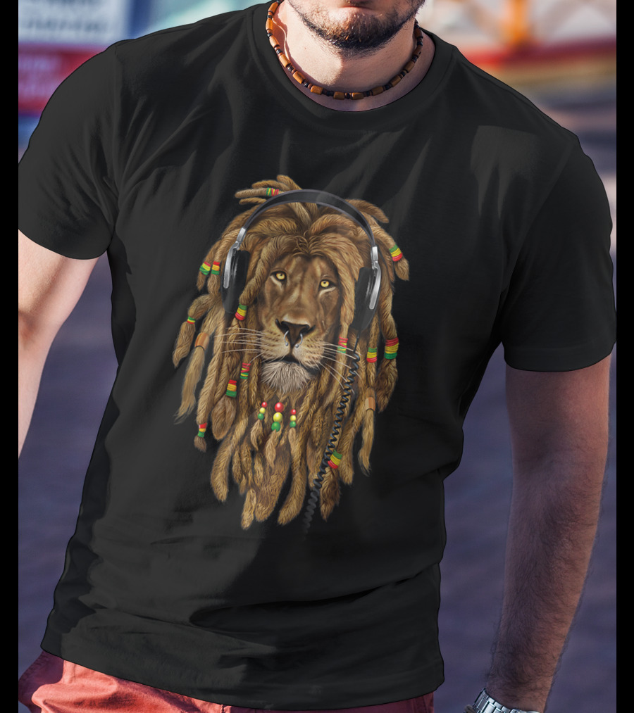 Marley Lion Dreadlock Rastafari Headphones Reggae T-Shirt