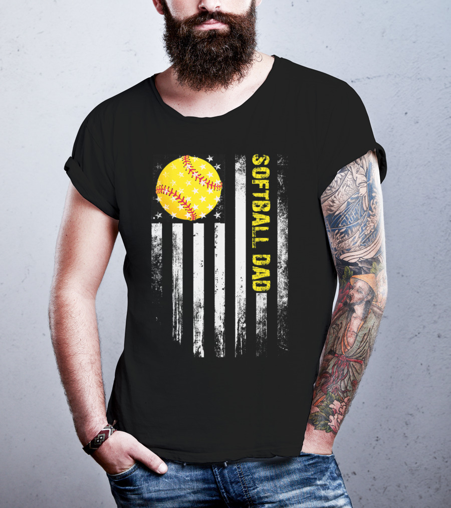 Softball Dad American Flag Father's Day T-Shirt