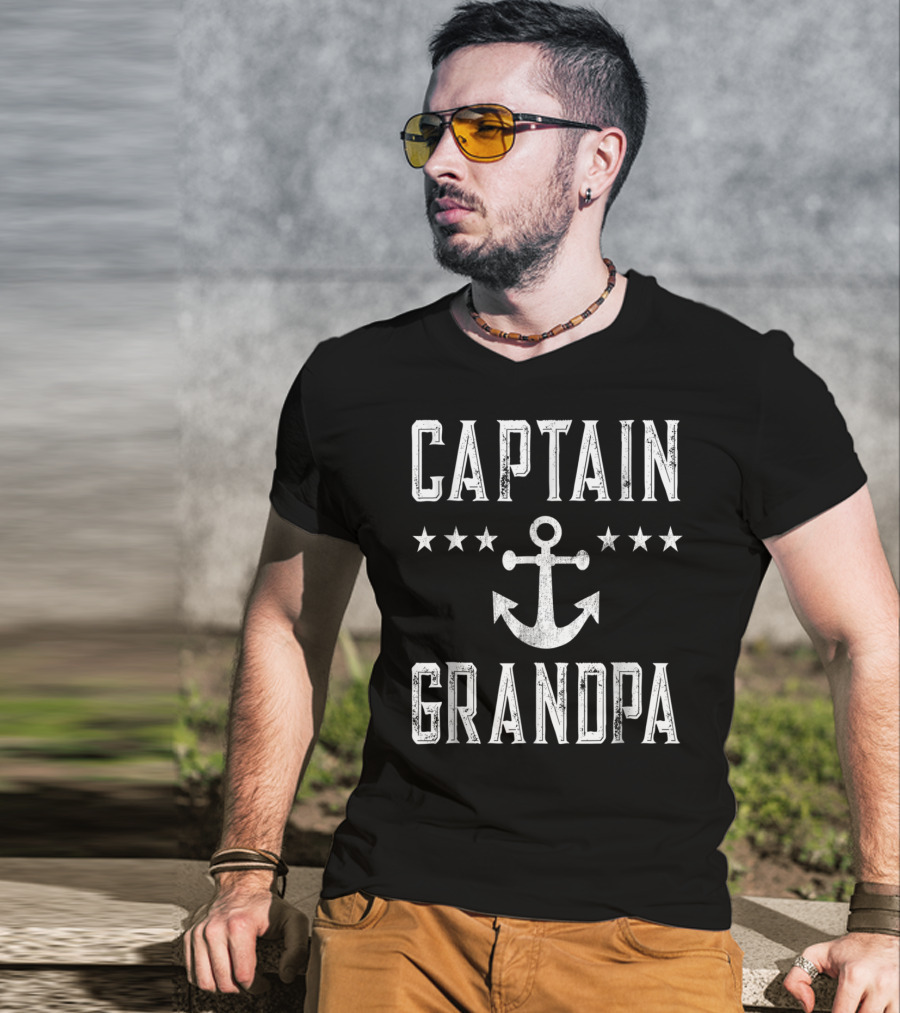 Captain Grandpa Anchor Stars Vintage Mens Boating T-Shirt