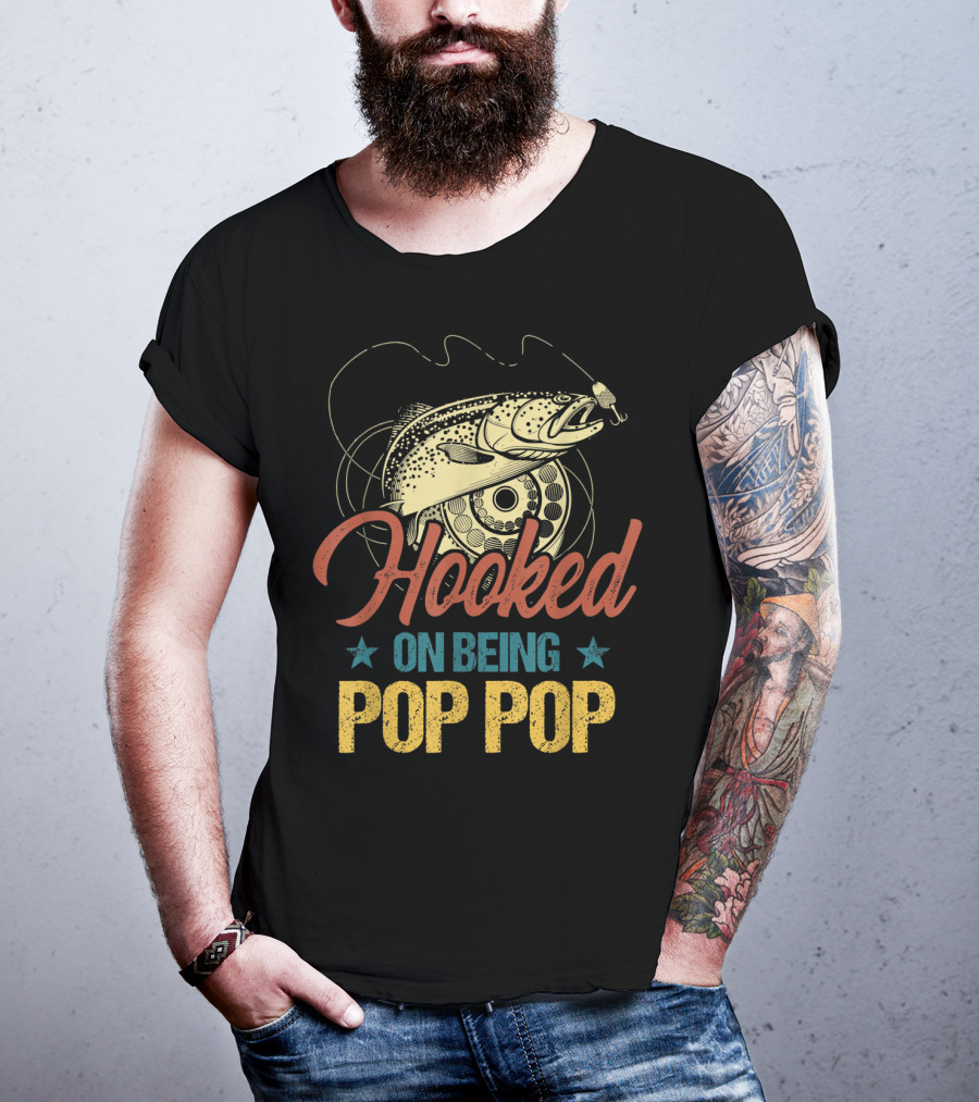 Hooked On Being Pop Pop Fishing Vintage Mens T-Shirt