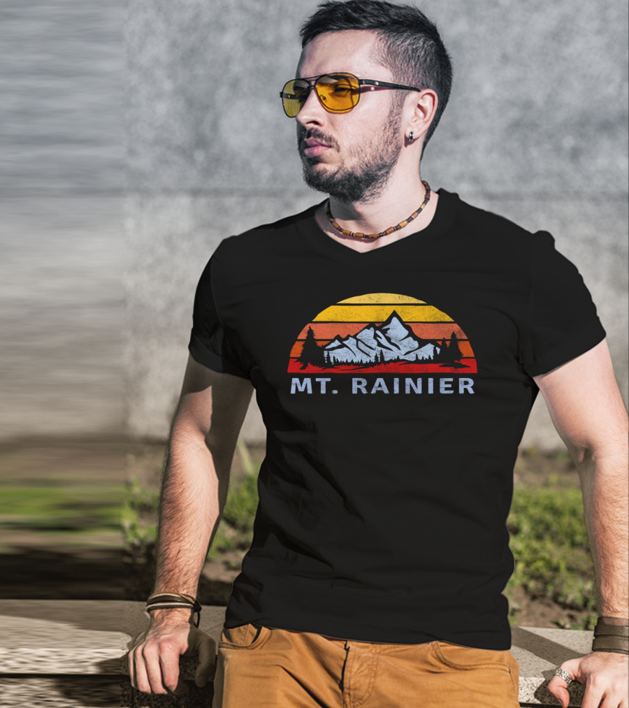 Mt. Rainier Retro Sunset With Mountain And Trees T-Shirt