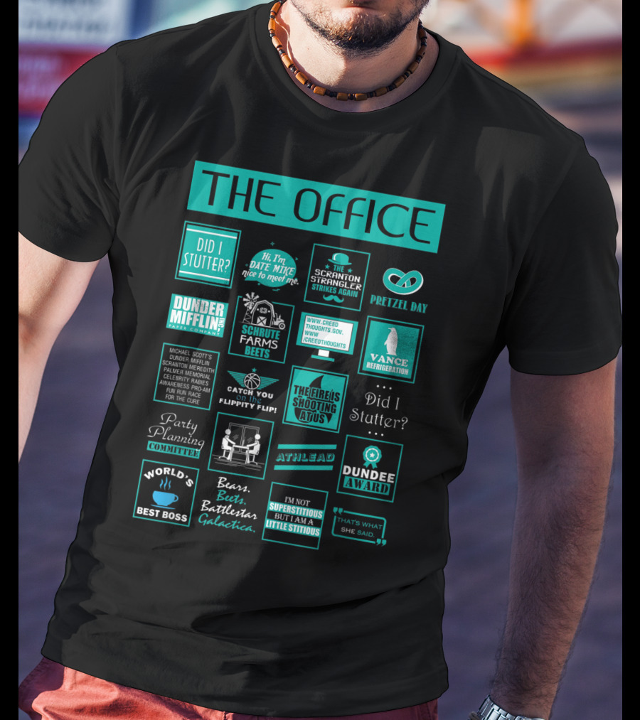 The Office Mash Up Dunder Mifflin Schrute Farms Bears Battlestar Galactica Dundee Award T-Shirt