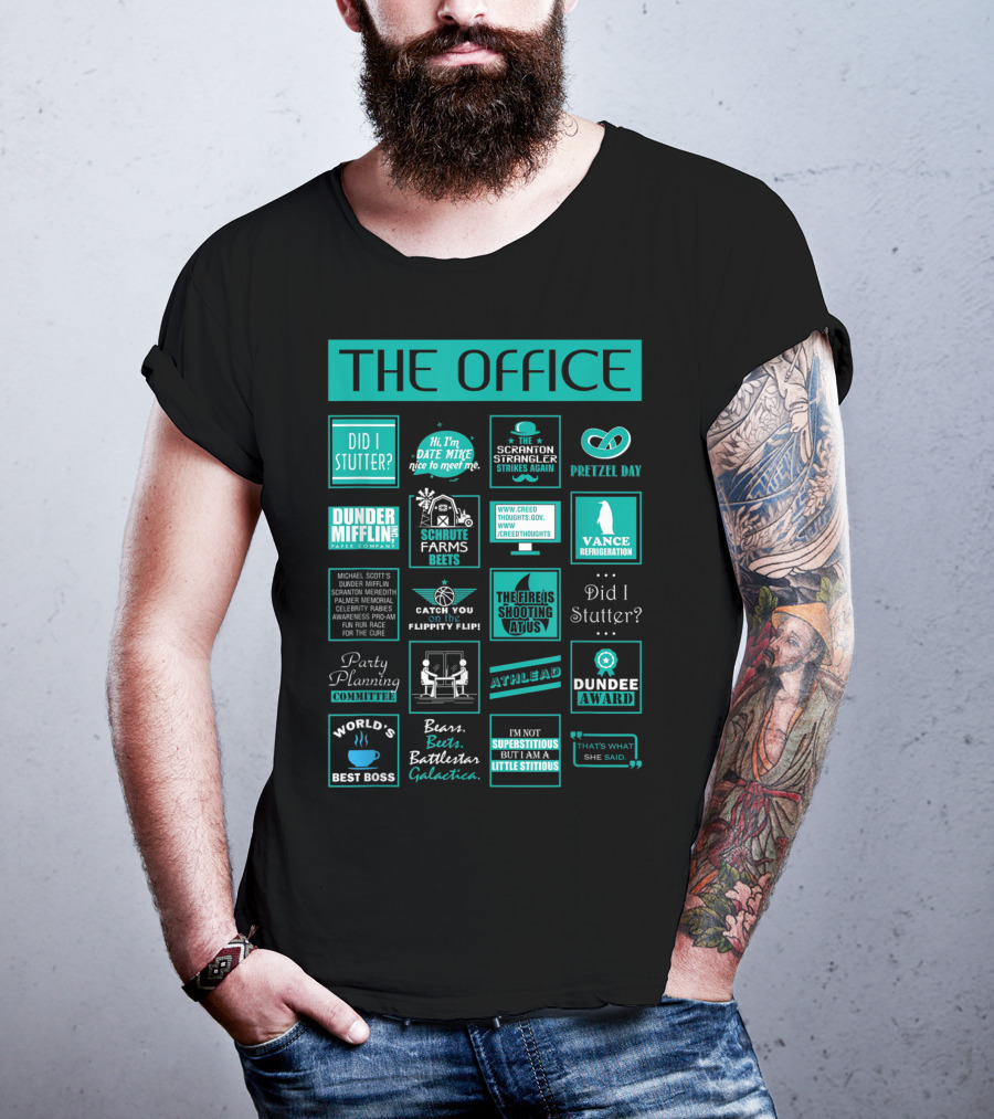 The Office Mash Up Dunder Mifflin Schrute Farms Bears Battlestar Galactica Dundee Award T-Shirt