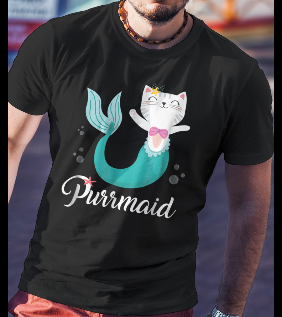Purrmaid Cat Mermaid For Girls With Star And Bow T-Shirt