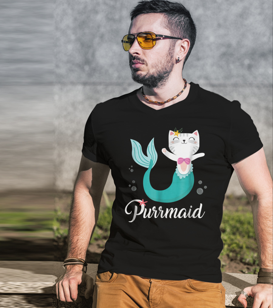 Purrmaid Cat Mermaid For Girls With Star And Bow T-Shirt