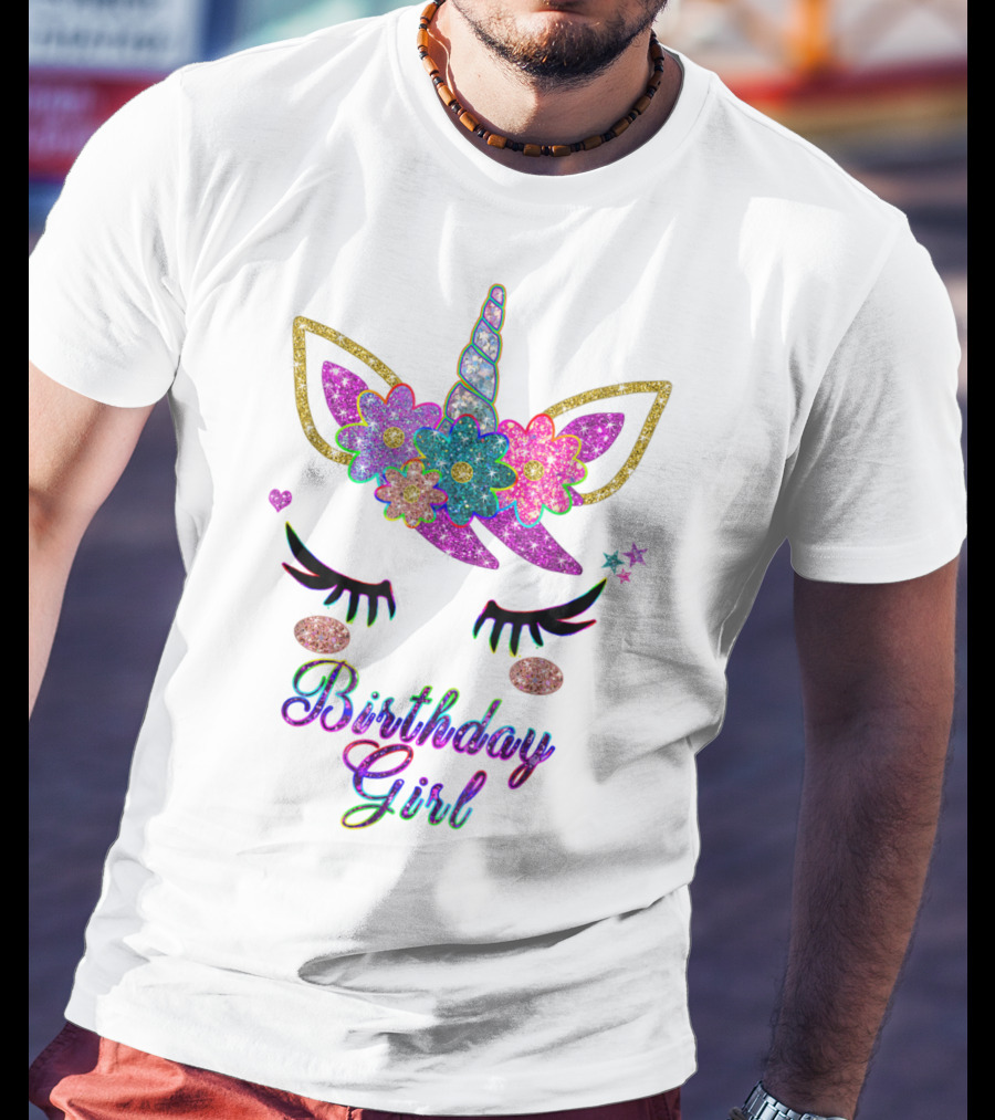 Rainbow Glitter Unicorn Birthday Girl Flowers Stars T-Shirt