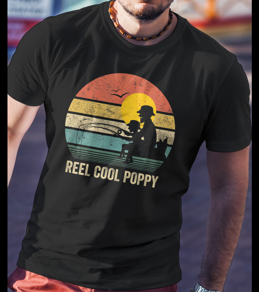 Reel Cool Poppy Vintage Fisherman Father's Retro Style Sun T-Shirt