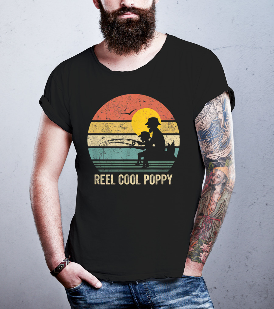 Reel Cool Poppy Vintage Fisherman Father's Retro Style Sun T-Shirt