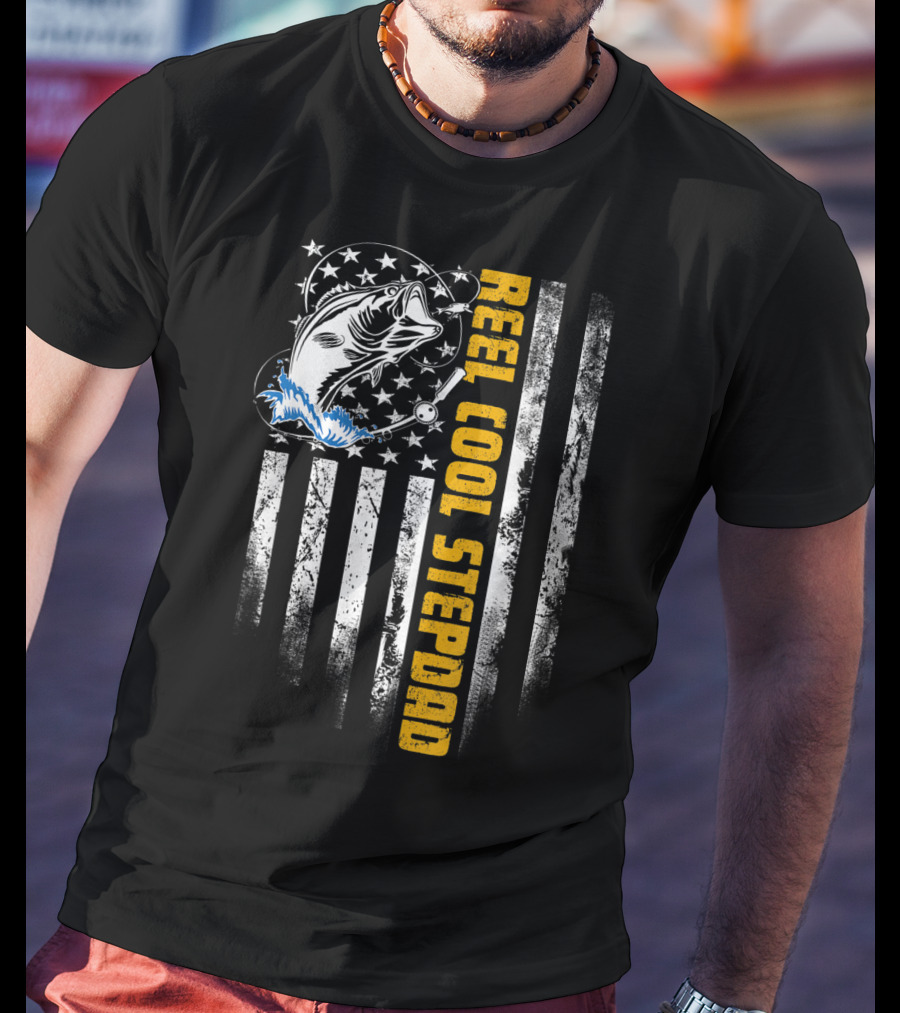 Reel Cool Stepdad USA Flag Fish Fishing Rod Stars Stripes T-Shirt