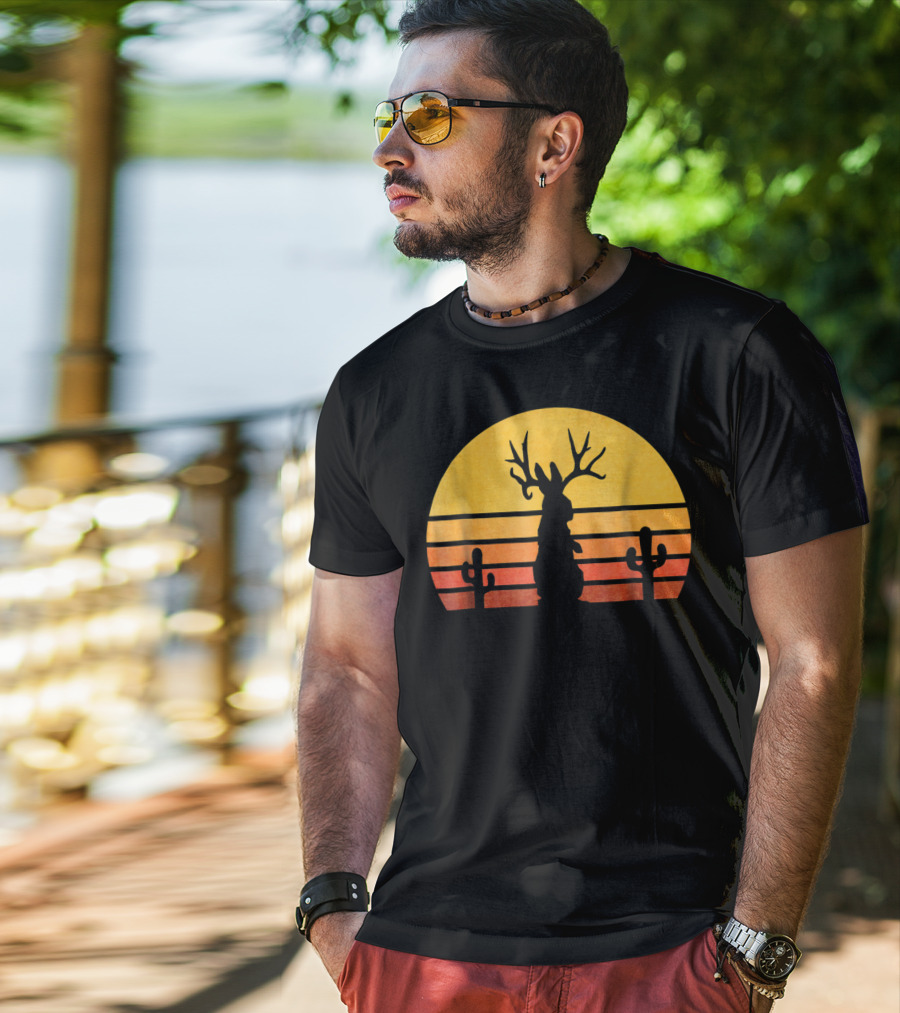 Retro Eighties Sunset Jackalope Silhouette With Cactus Vintage Cryptid T-Shirt