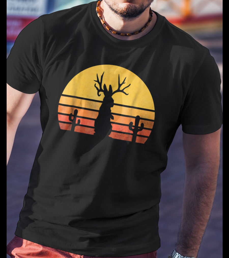 Retro Eighties Sunset Jackalope Silhouette With Cactus Vintage Cryptid T-Shirt