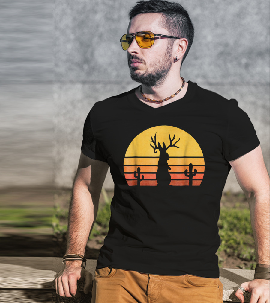 Retro Eighties Sunset Jackalope Silhouette With Cactus Vintage Cryptid T-Shirt