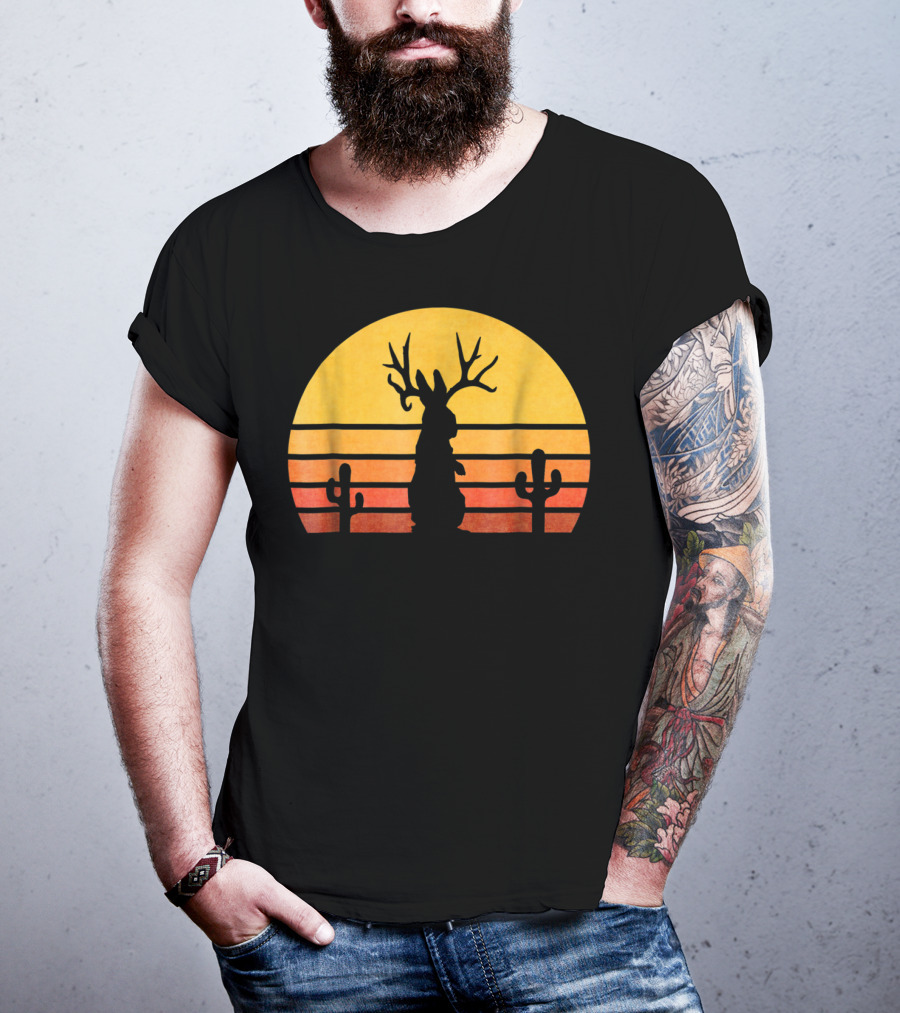 Retro Eighties Sunset Jackalope Silhouette With Cactus Vintage Cryptid T-Shirt