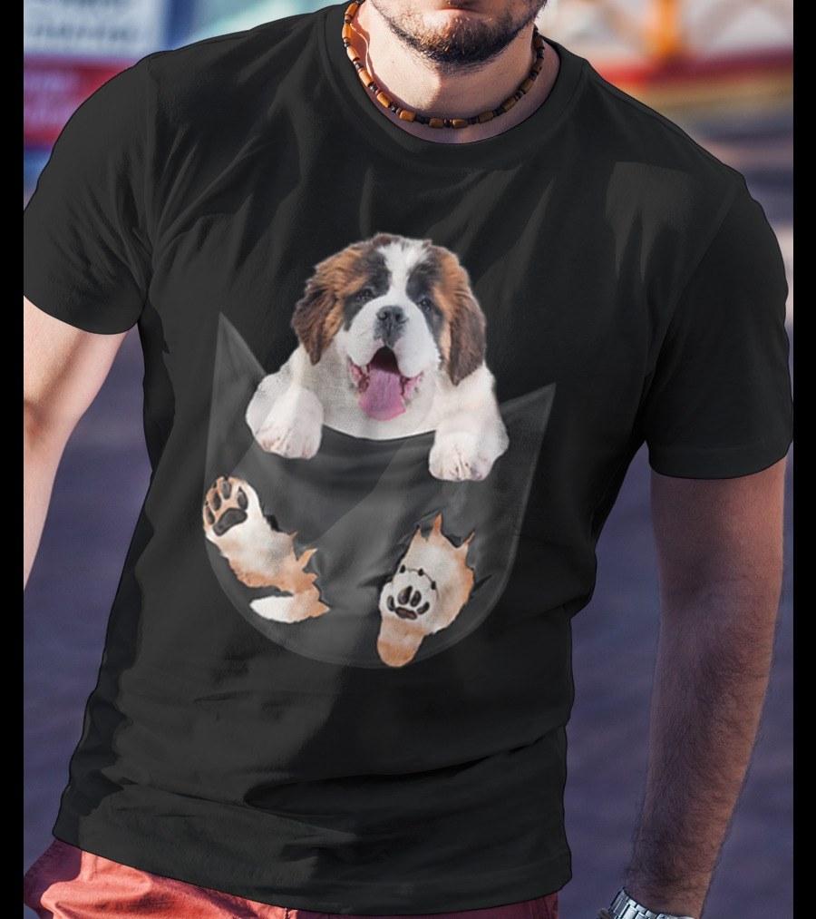 Saint Bernard Inside Pocket Funny Dog Lover Paws Peeking Out T-Shirt