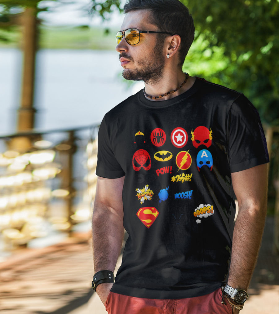 Superheroes Icons Spider Captain Batman Flash Wonder Emoji KABOOM POW OOOOPS Super T-Shirt