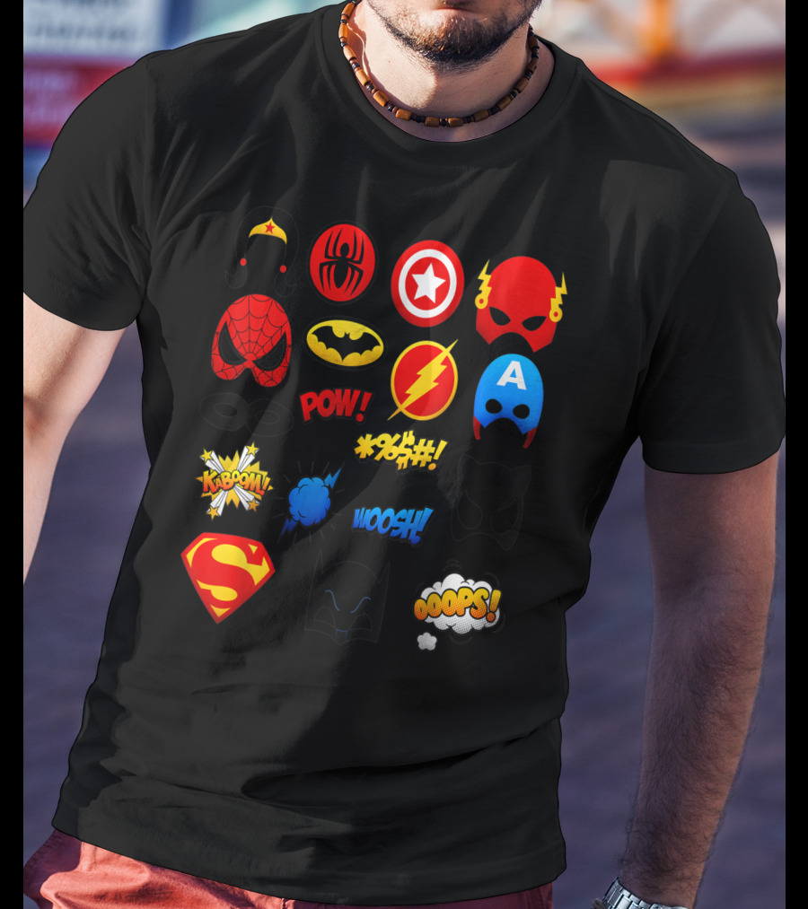 Superheroes Icons Spider Captain Batman Flash Wonder Emoji KABOOM POW OOOOPS Super T-Shirt