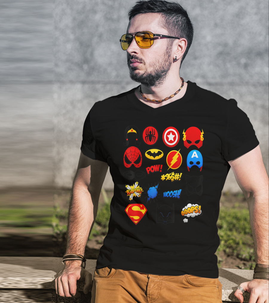 Superheroes Icons Spider Captain Batman Flash Wonder Emoji KABOOM POW OOOOPS Super T-Shirt