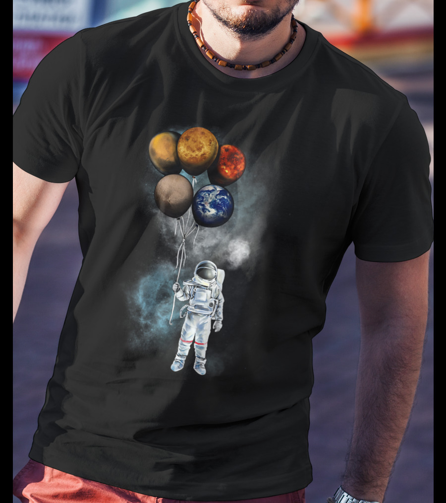The Spaceman's Adventure Holding Planet Balloons In Outer Galaxy T-Shirt