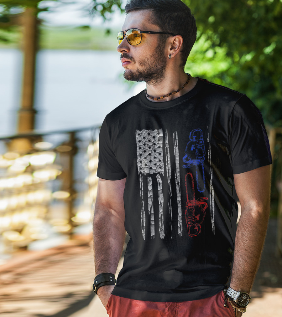 US FLAG CHAINSAW Lumberjack Logger Lumber Patriotic Chainsaws T-Shirt